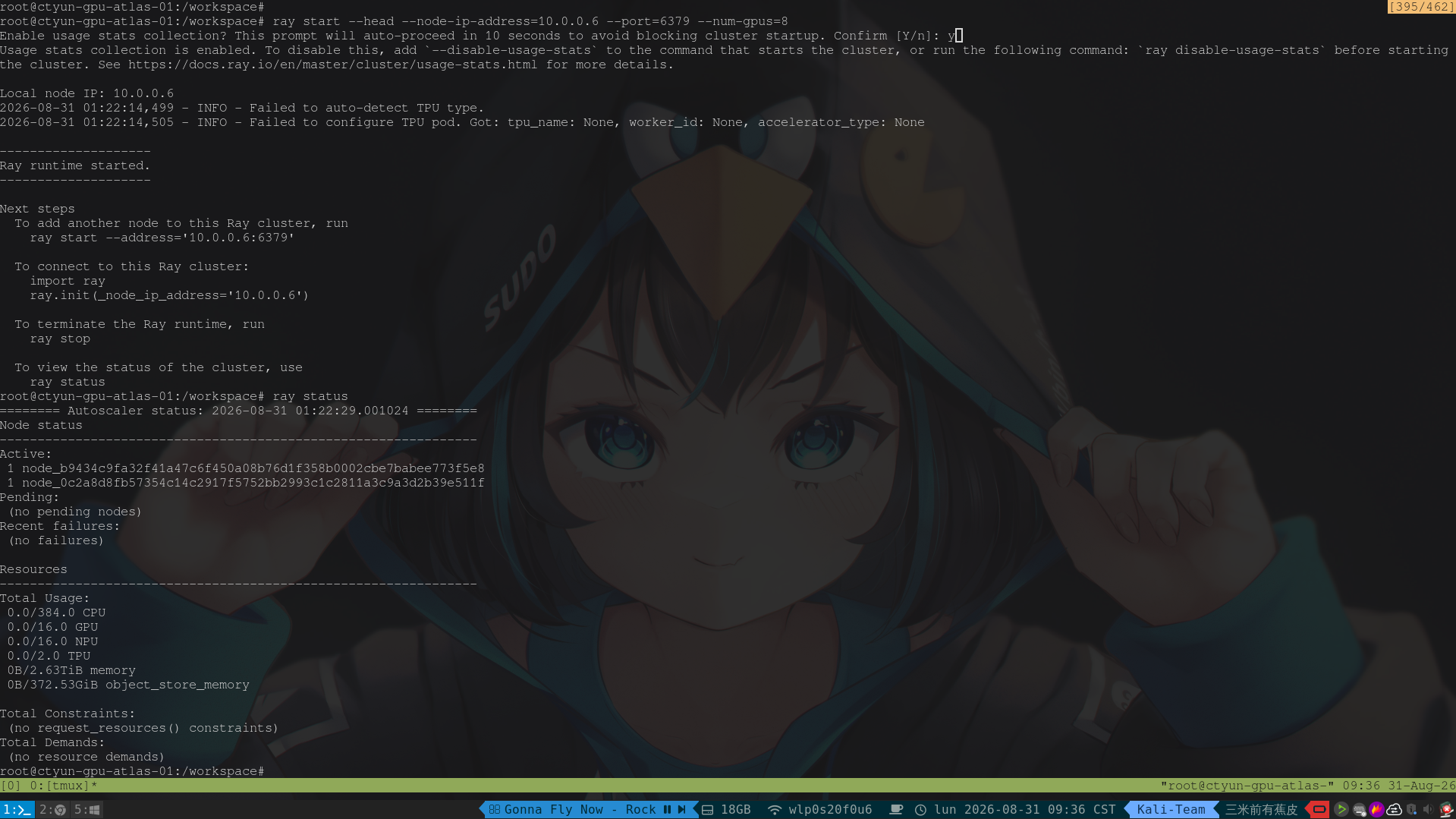 图 2：Ray Head 节点启动后的集群状态（tmux 会话截图）